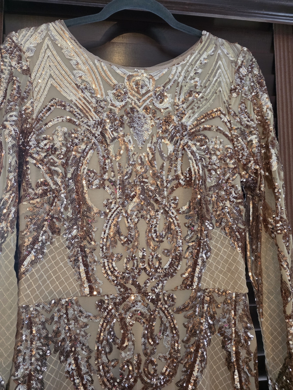 Betsy & Adam Gold Sequin Long Sleeve Evening Dress